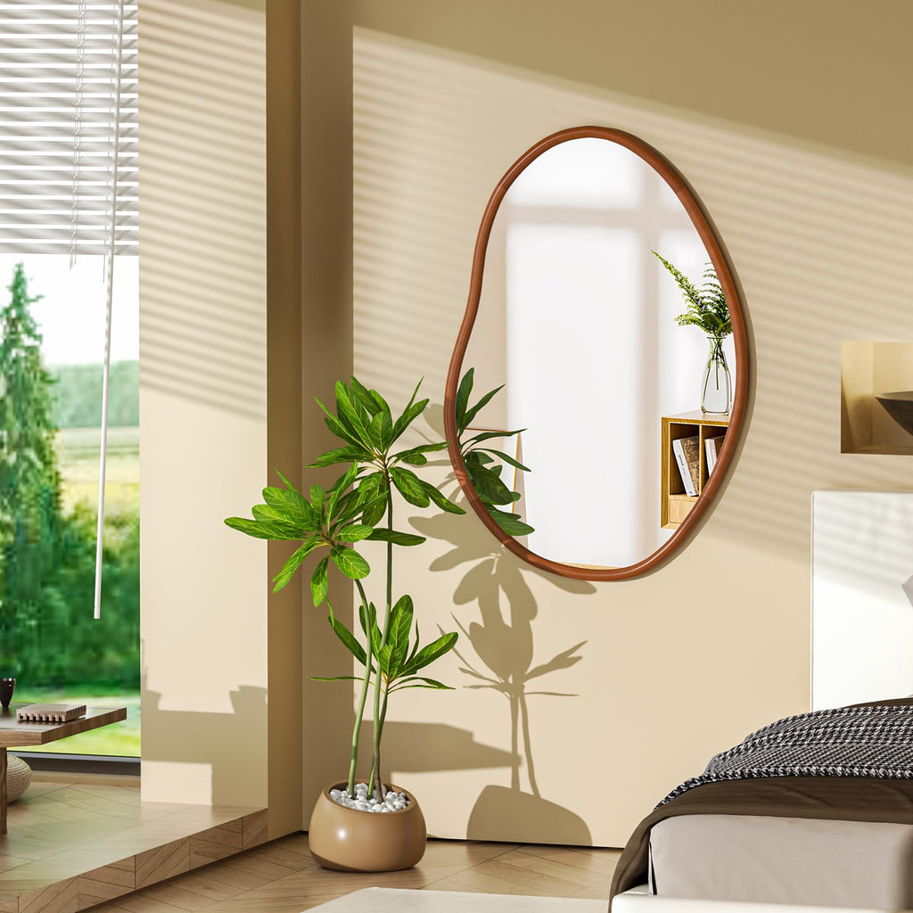 Irregular Wall Mirror Asymmetrical: Abstract Wood Frame 43x30 inch
