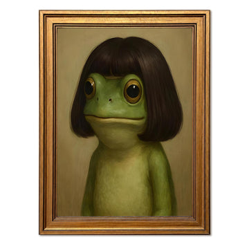 Vintage Gold Framed Whimsical Frog Wall Art, Funny Green Frog Pictures Wall Decor, Eclectic Animal Paintings Canvas