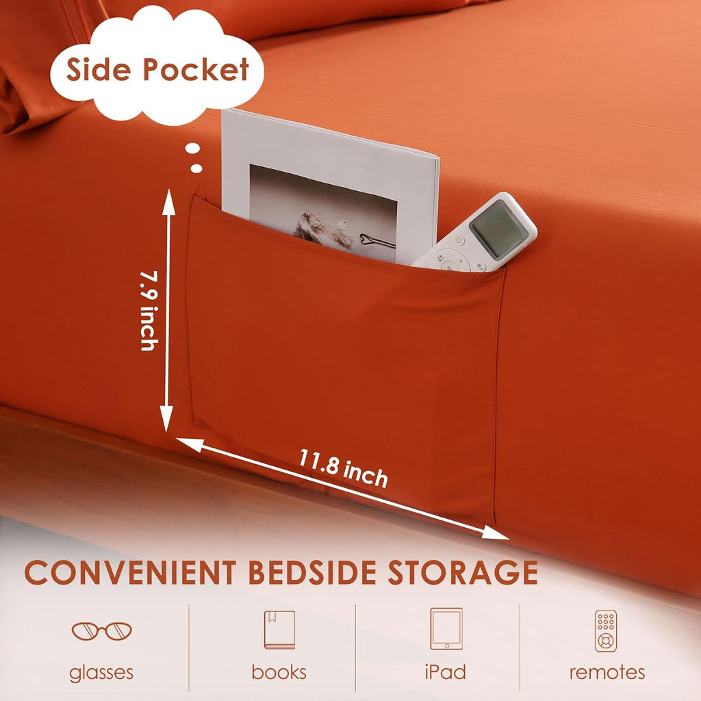 Orange King Sheet Set with Side Storage Pocket, 4 Piece Soft Microfiber Bed Sheets Deep Pocket Corner Straps