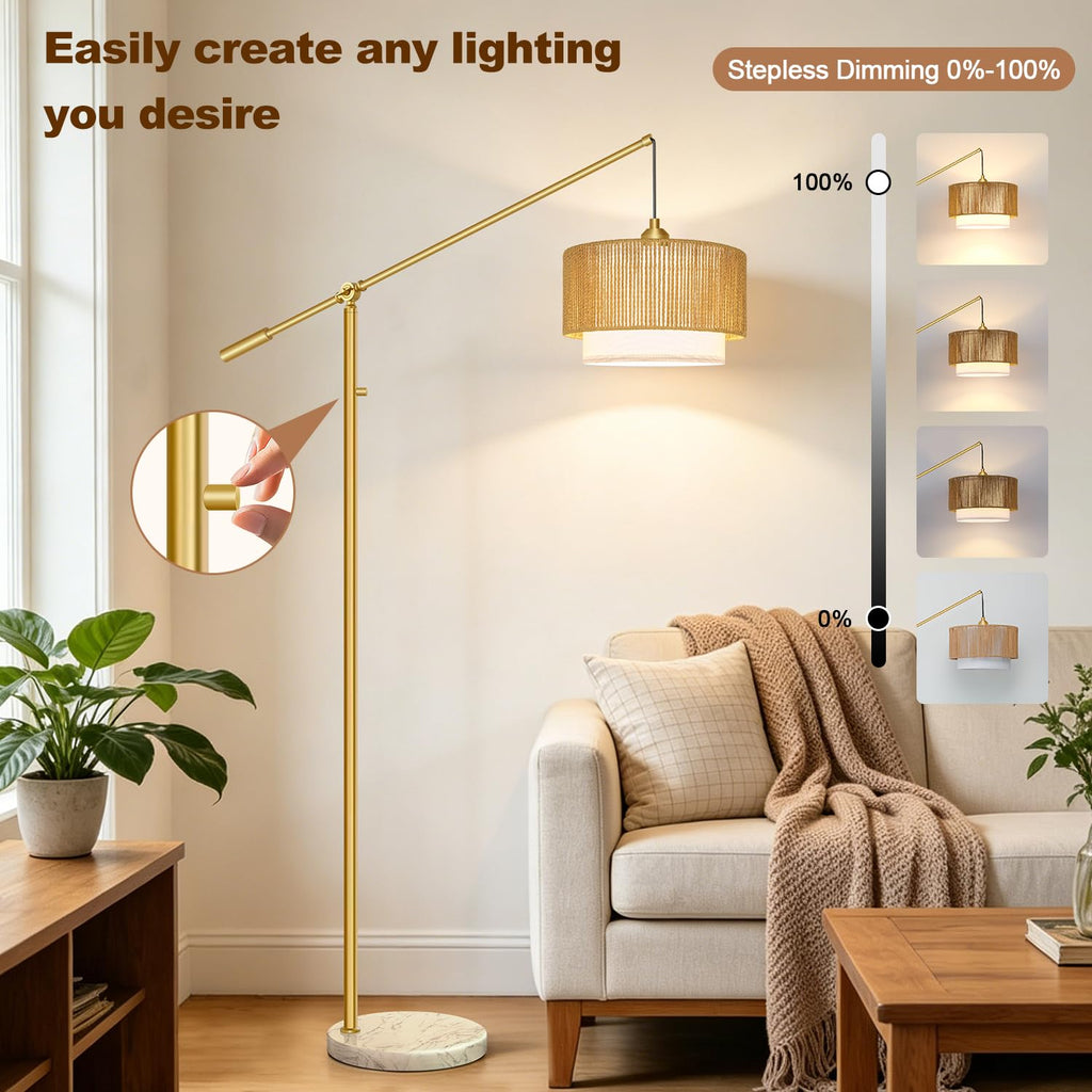 Boho Dimmable Arc Floor Lamp with Adjustable Swing Arm, Gold & Marble Base