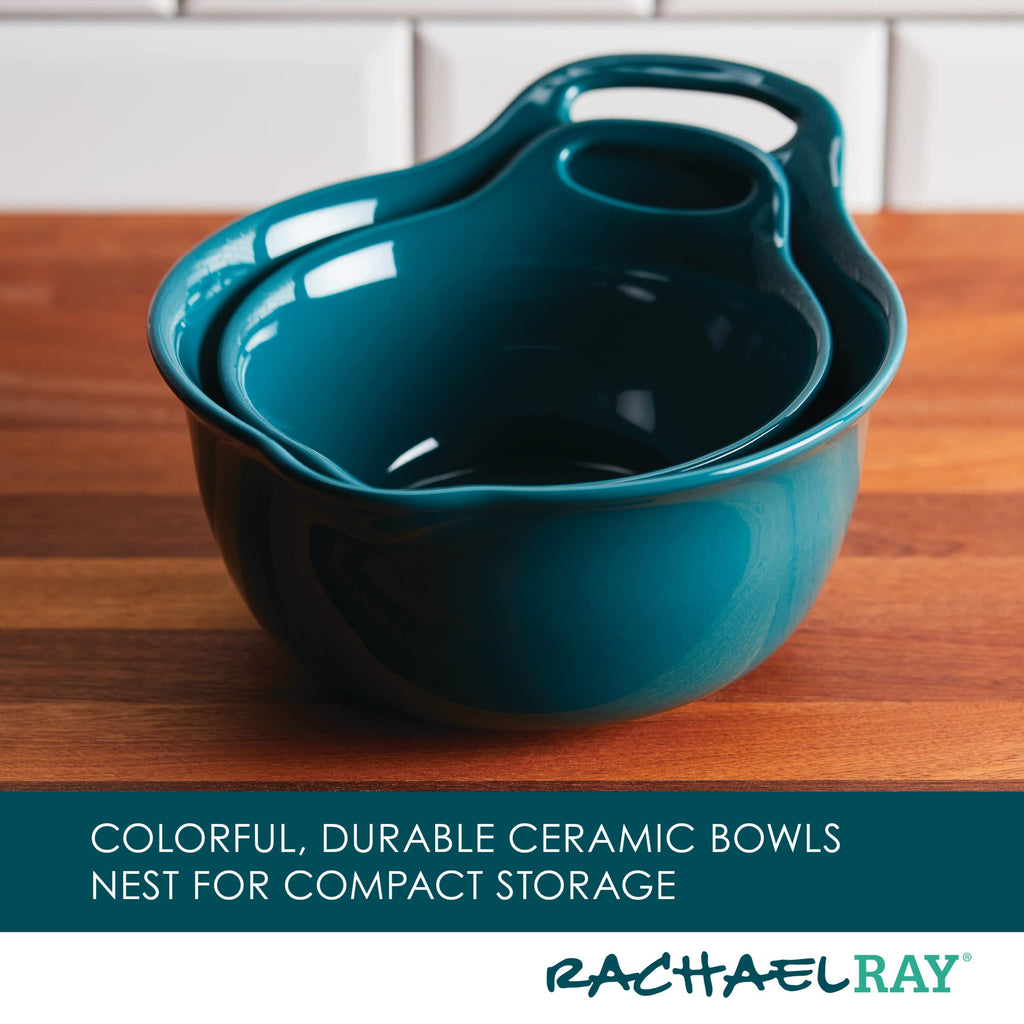 Ceramics Nesting Mixing Bowl Set with Pour Spout, 1 Quart and 2 Quart, Teal