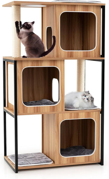 Modern Cat Tree, 52 Inch Wooden Cat Condos with Metal Frame, Sisal Scratching Posts & Board, Washable Cushions