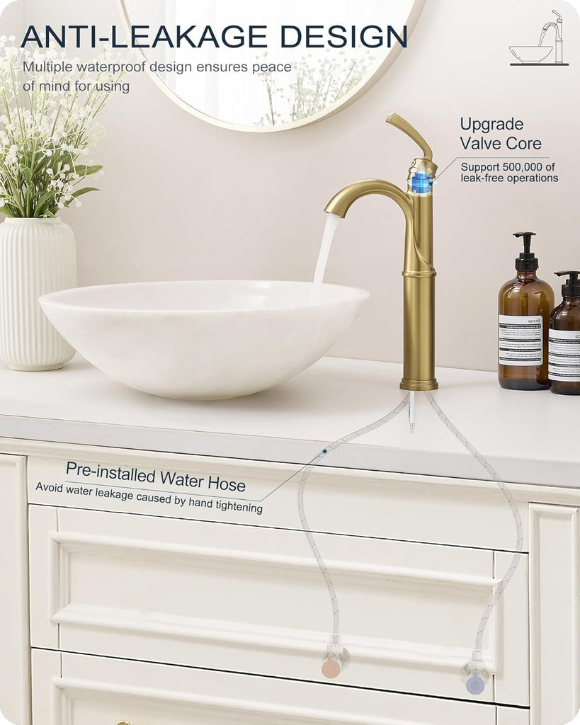 Gold Vessel Sink Faucet, Brass Tall Bathroom Sink Faucet One Hole with 1 Handle, Pop Up Drain