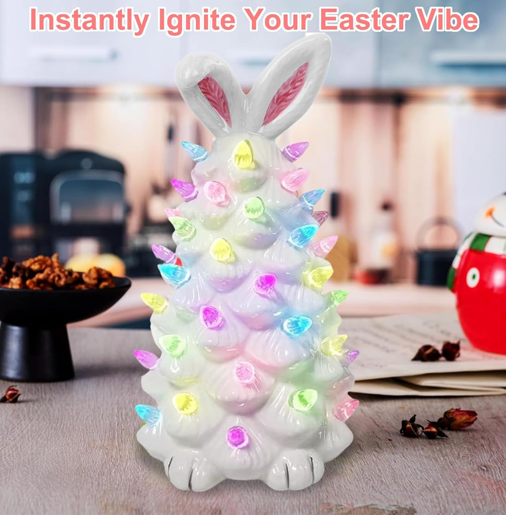 Lighted Easter Bunny Decorations, Ceramic Bunny Tree Figurine Night Lights, 10" Easter Gifts Cute Ornaments Table