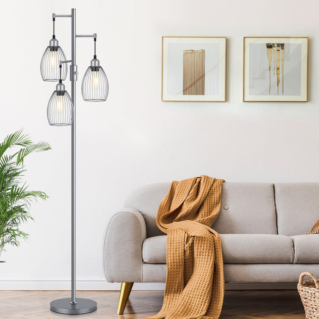 Dimmable Industrial Floor Lamps, Gray Tree Standing Tall Lamps with 3 Elegant Teardrop Cage Head & 800 Lumens LED