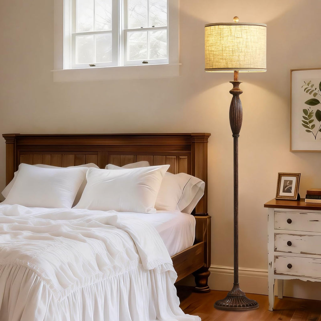 Vintage Floor Lamp, Rustic Standing Lamp with Linen Shade, Dark Wood Grain