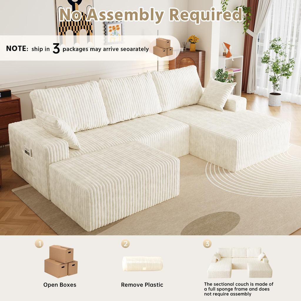 108" U-Shape Modular Sectional Cloud Cream Couch with Ottoman, Deep Seat Boneless Couch with Oversized Chaise Lounge