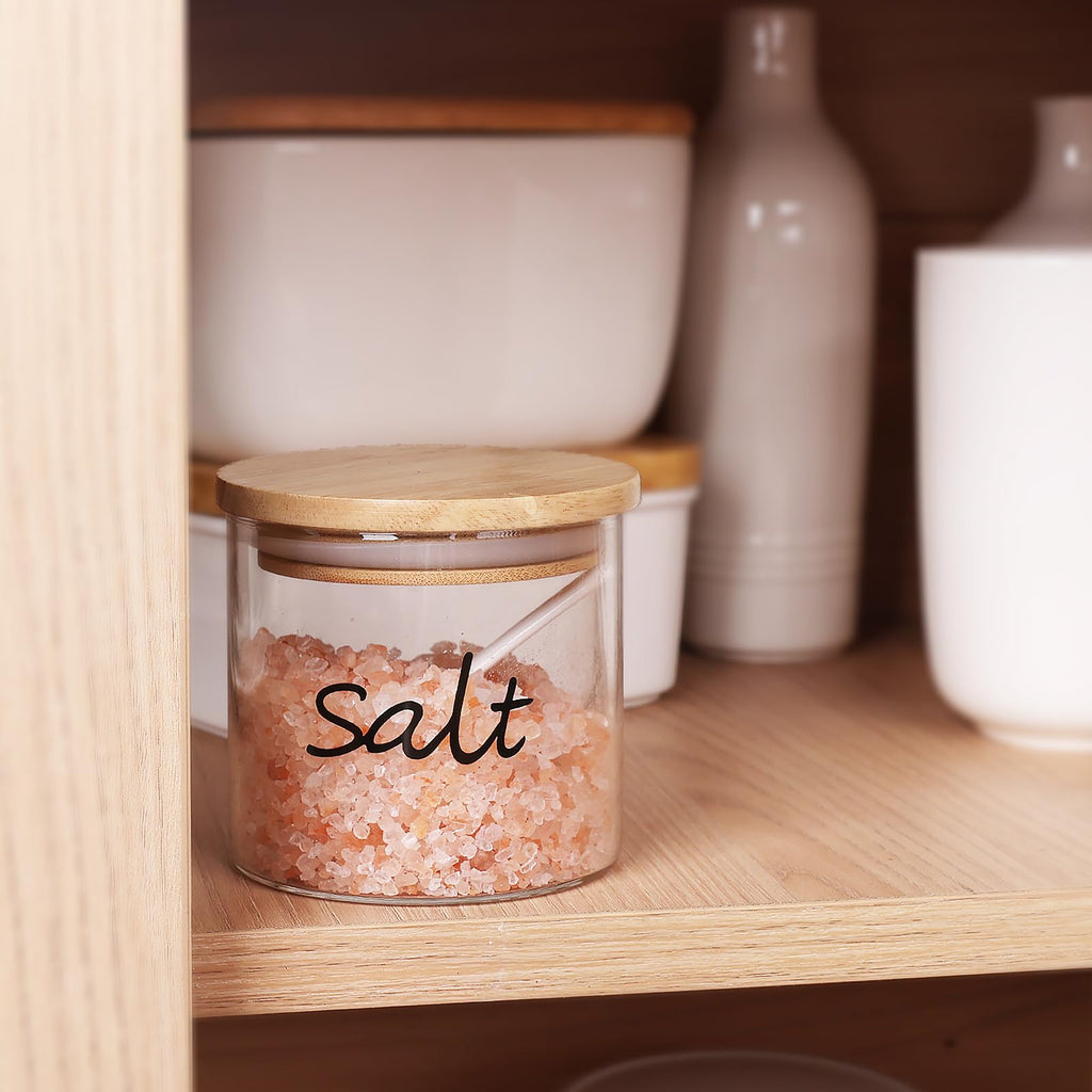 Clear Glass Salt Bowl with Spoon and Silicone Sealing Lid, Farmhouse Kitchen Countertop Canisters, Container Jar