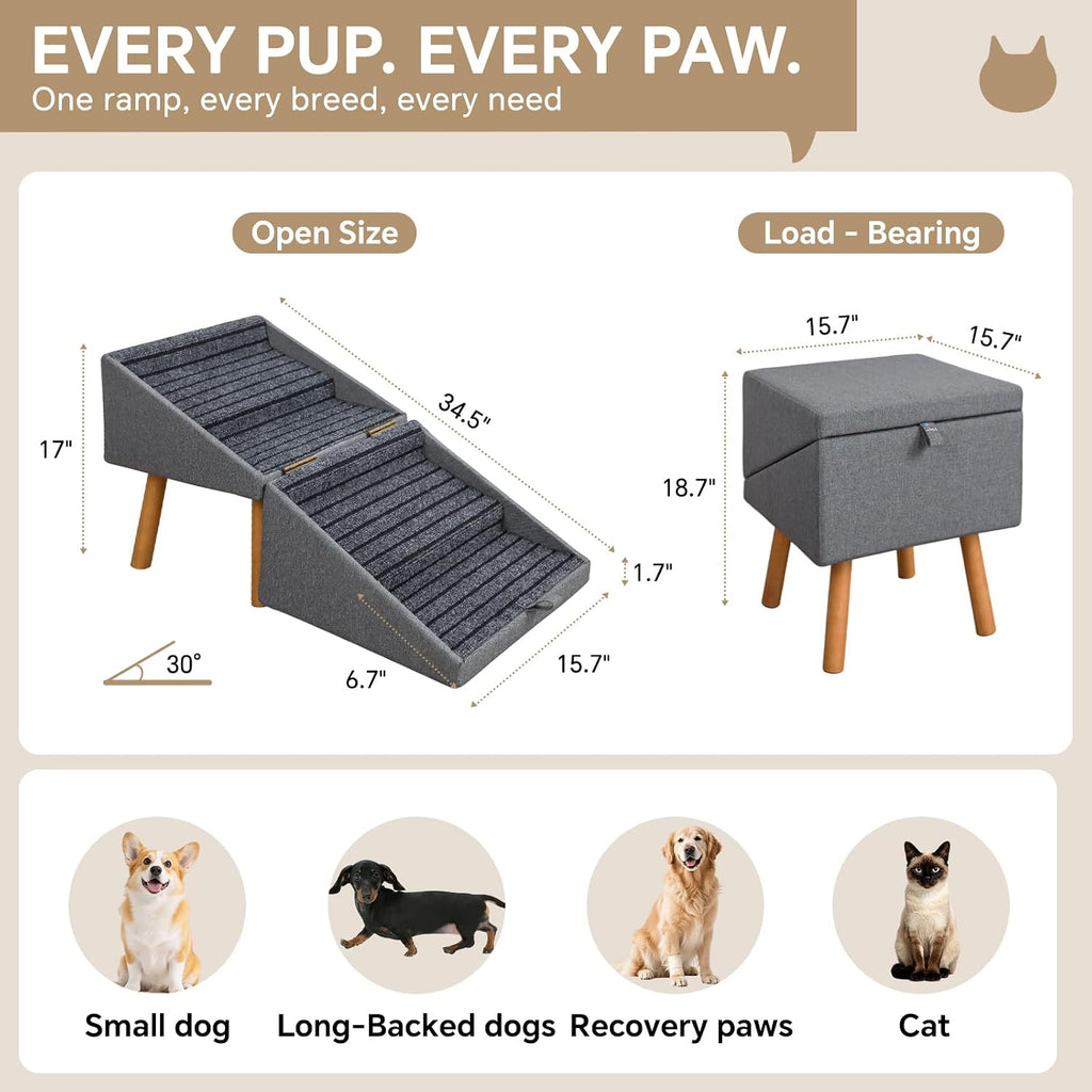 2-in-1 Wooden Pet Stairs & Ottoman 17" H Foldable Dog Ramp with Solid Wood Frame & Tech Cloth Surface Pet Footstool