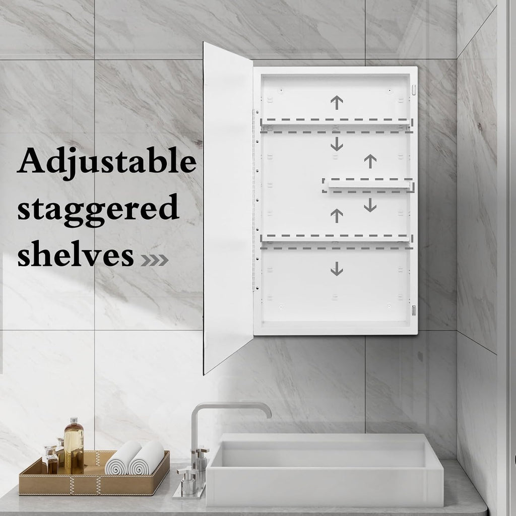 White Metal Medicine Cabinet, 18 x 30 Beveled Mirror, Surface Mount Storage | 18 x 30 Mirrored Medicine Cabinet with