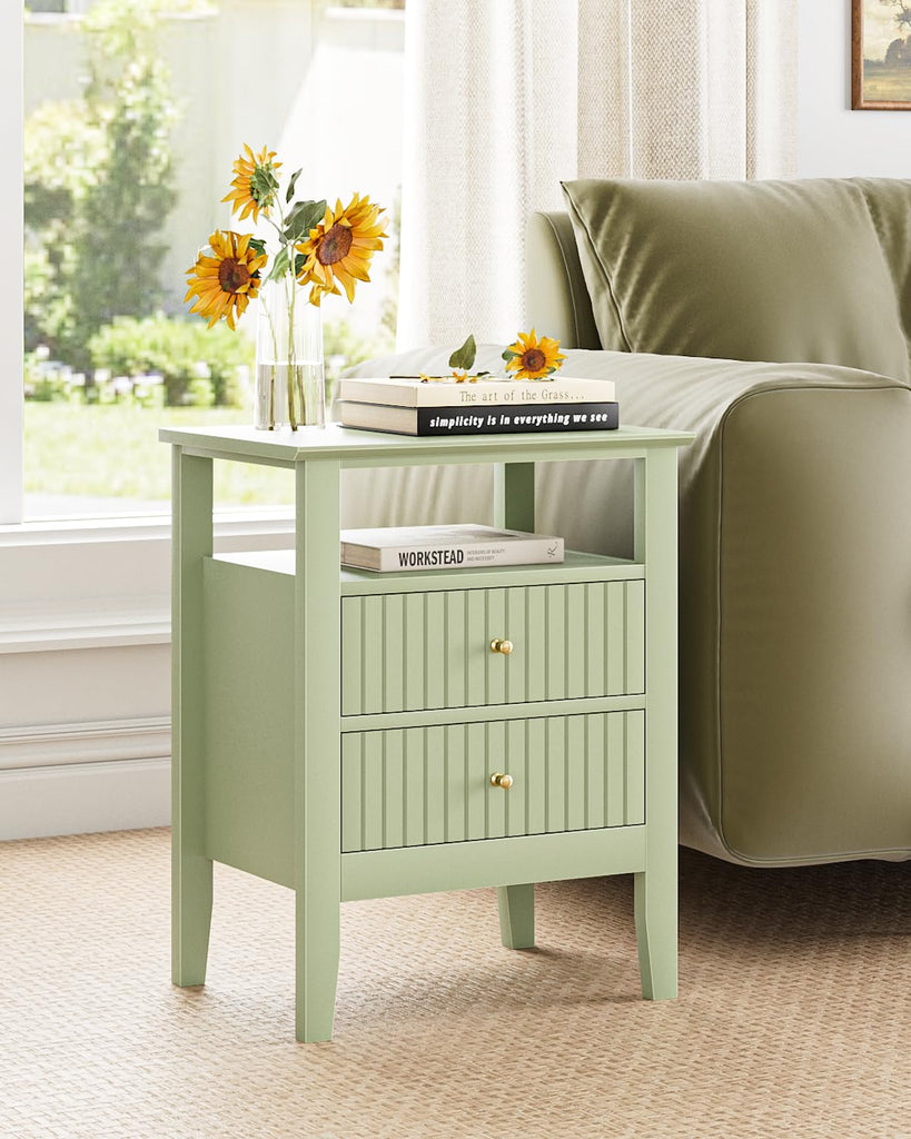Fluted Nightstand, Farmhouse Night Stand with 2 Drawers, Mid Century Modern Side Accent Table, Bedside End Table