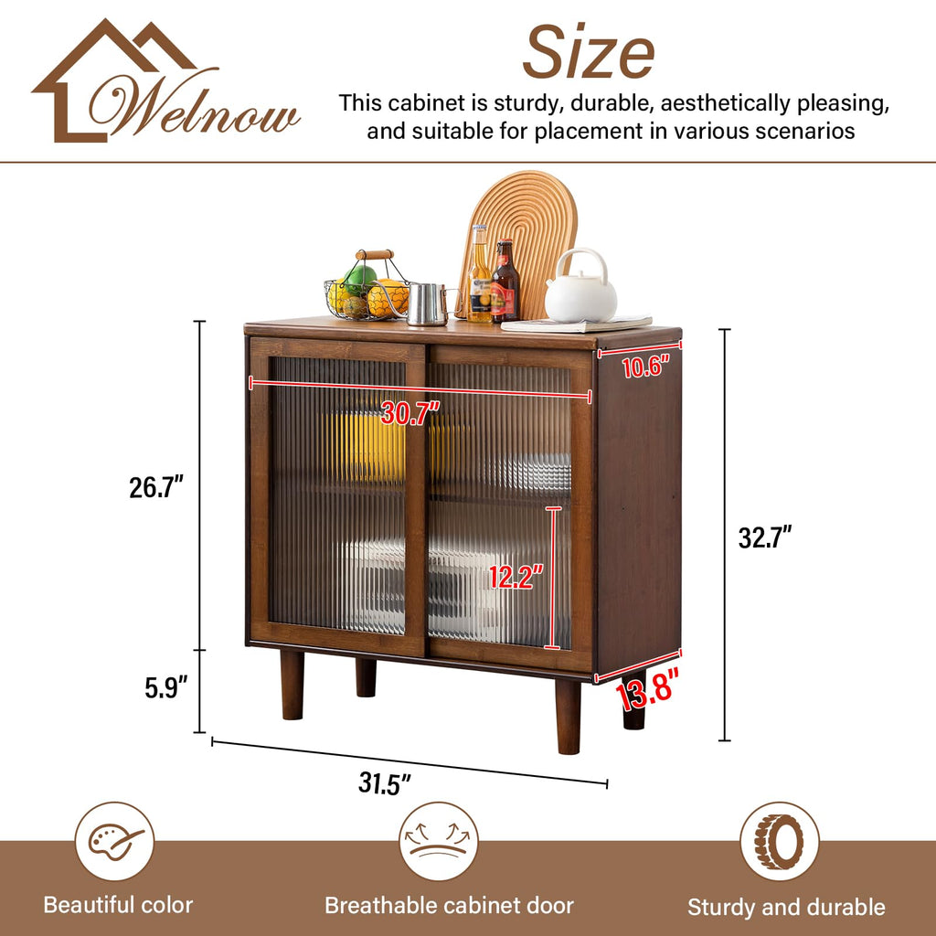 Buffet Cabinet, Bamboo Sideboard with Storage Kitchen Display Cabinet with 2-Tier Shelves Boho Coffee Bar Tables