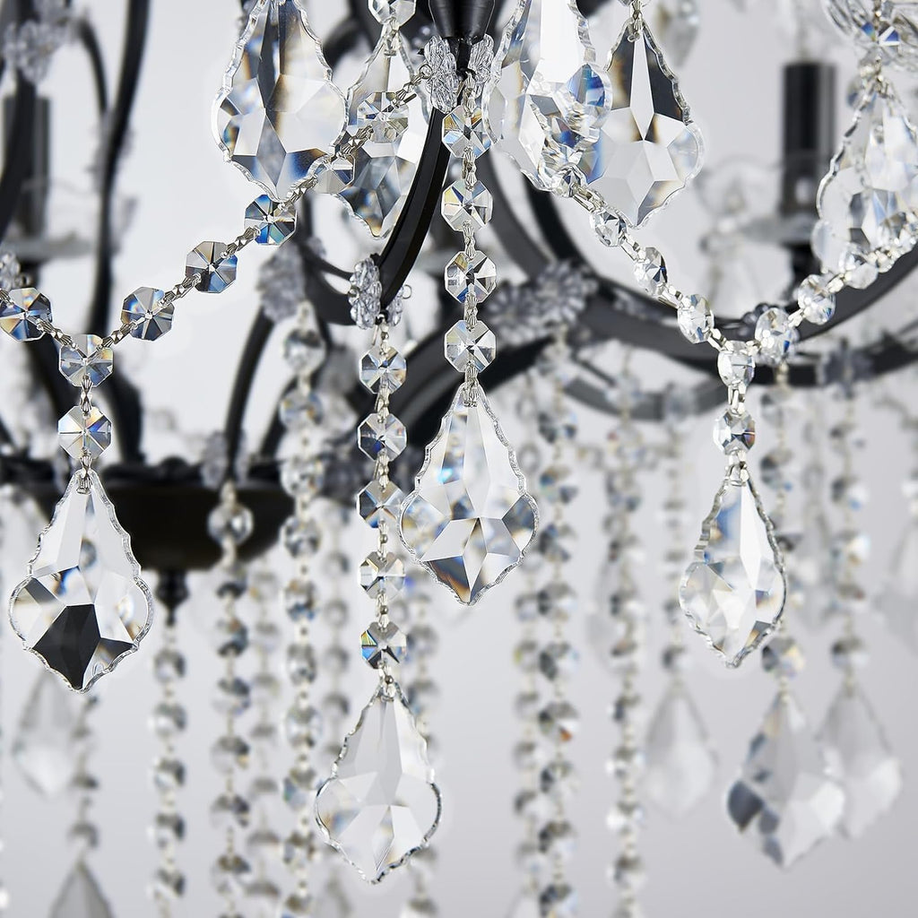 Modern Black Crystal Chandelier Large Wrought Iron Dining Room Light Fixture Elegant Modern Chandelier for High Ceiling Chandelier, Farmhouse Decor, Living Room & More 12 Lights