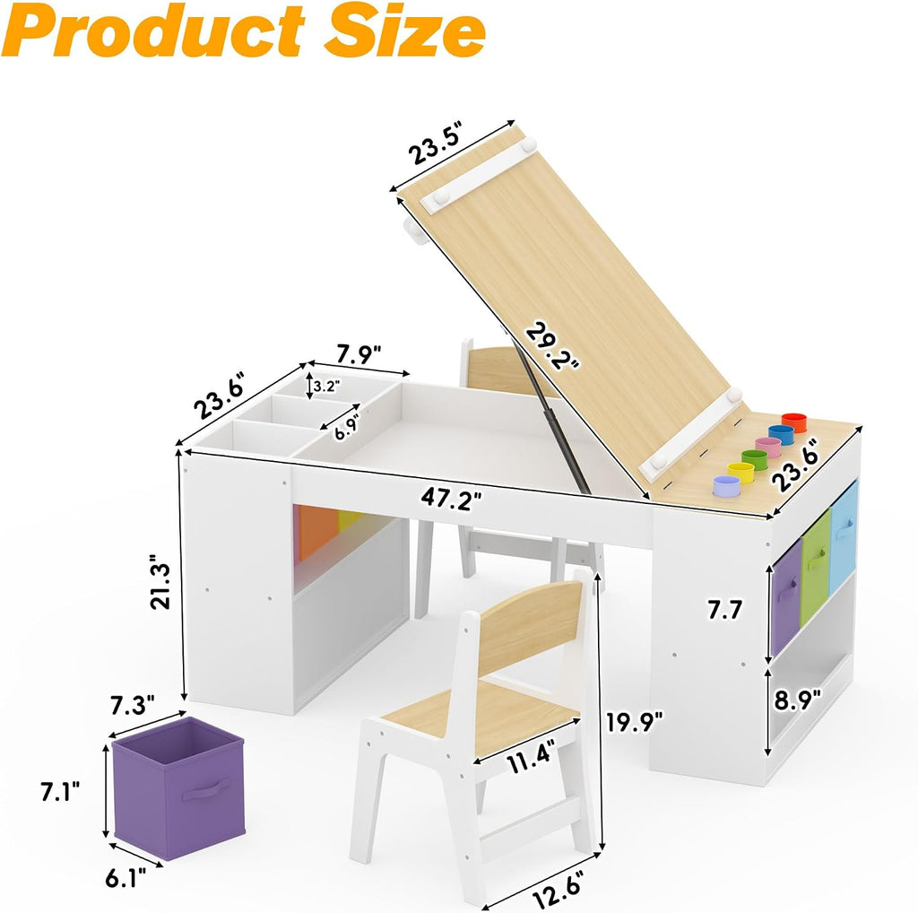 Kids Art Table and 2 Chairs Set, Wooden Craft Desk with 2 Storage Shelves, 6 Storage Bins & Paper Roll for Drawing