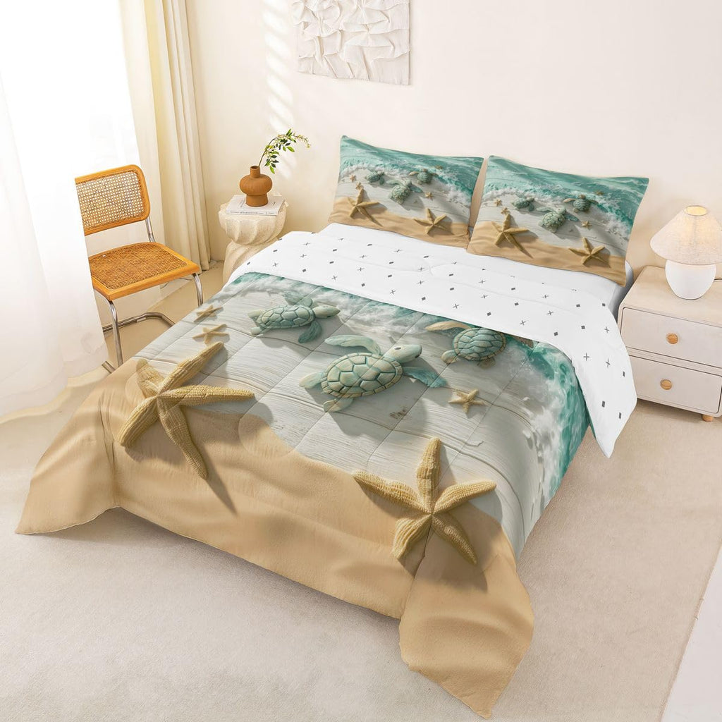 Seaside Beach Bedding Set, Sea Turtle Starfish Comforter Set with 2 Pillowcases, Coastal Ocean Sea Wave Bed