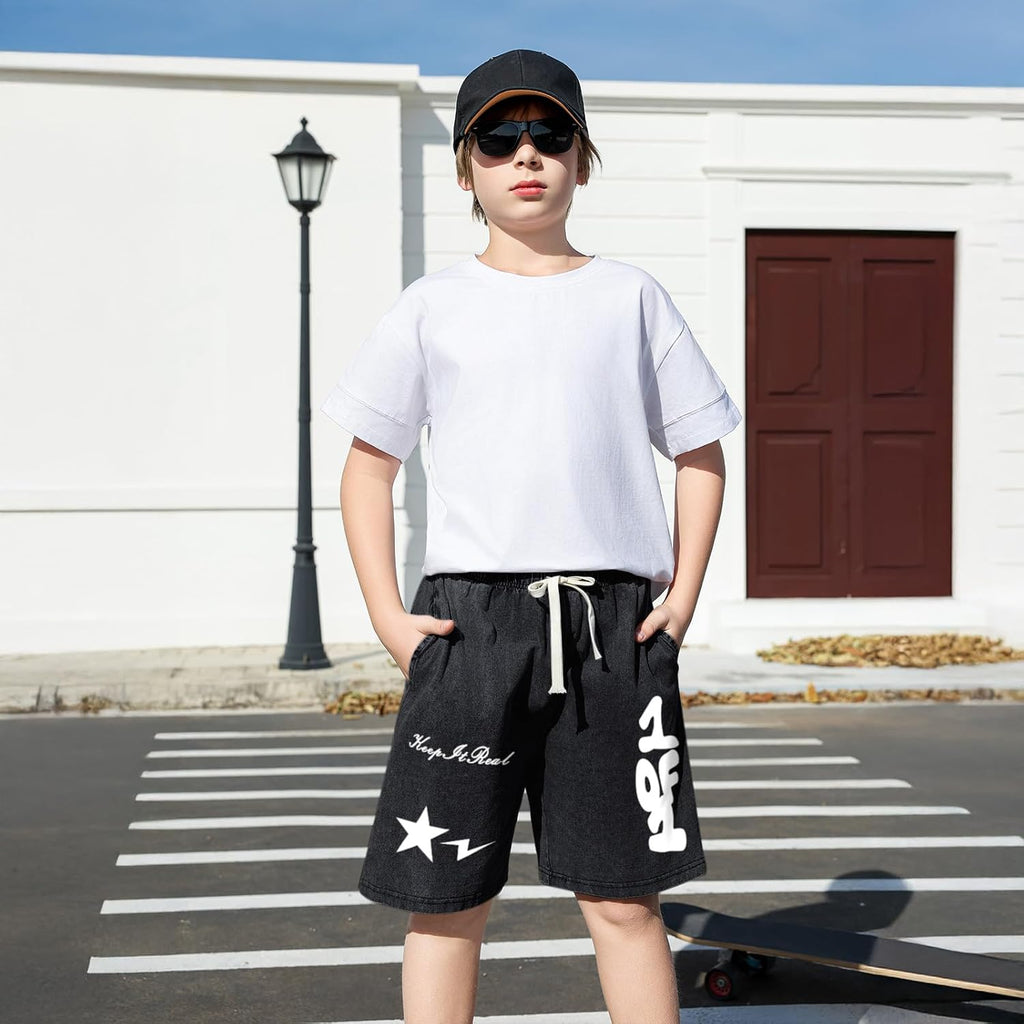 Graphic Shorts for Boys Streetwear Y2k Short Star Lettering Print Shorts Kids Vintage Aicd Wash Drawstring Shorts