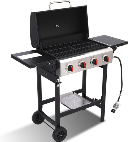 4-Burner Propane Gas Grill, 40,000 BTU BBQ Grill with Cast Iron Grates, 302 Sq. In. Cooking Area and Foldable Side Tables