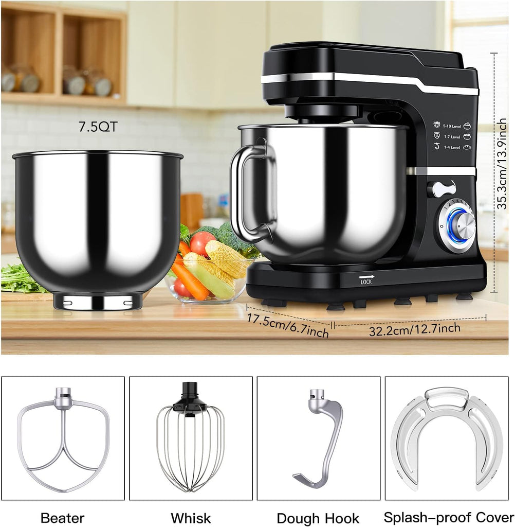 7.5QT Stand Mixer, 10-Speed Tilt-Head Electric Food Mixer with Stainless Steel Bowl, 660W Motor, Dough Hook, Whisk &