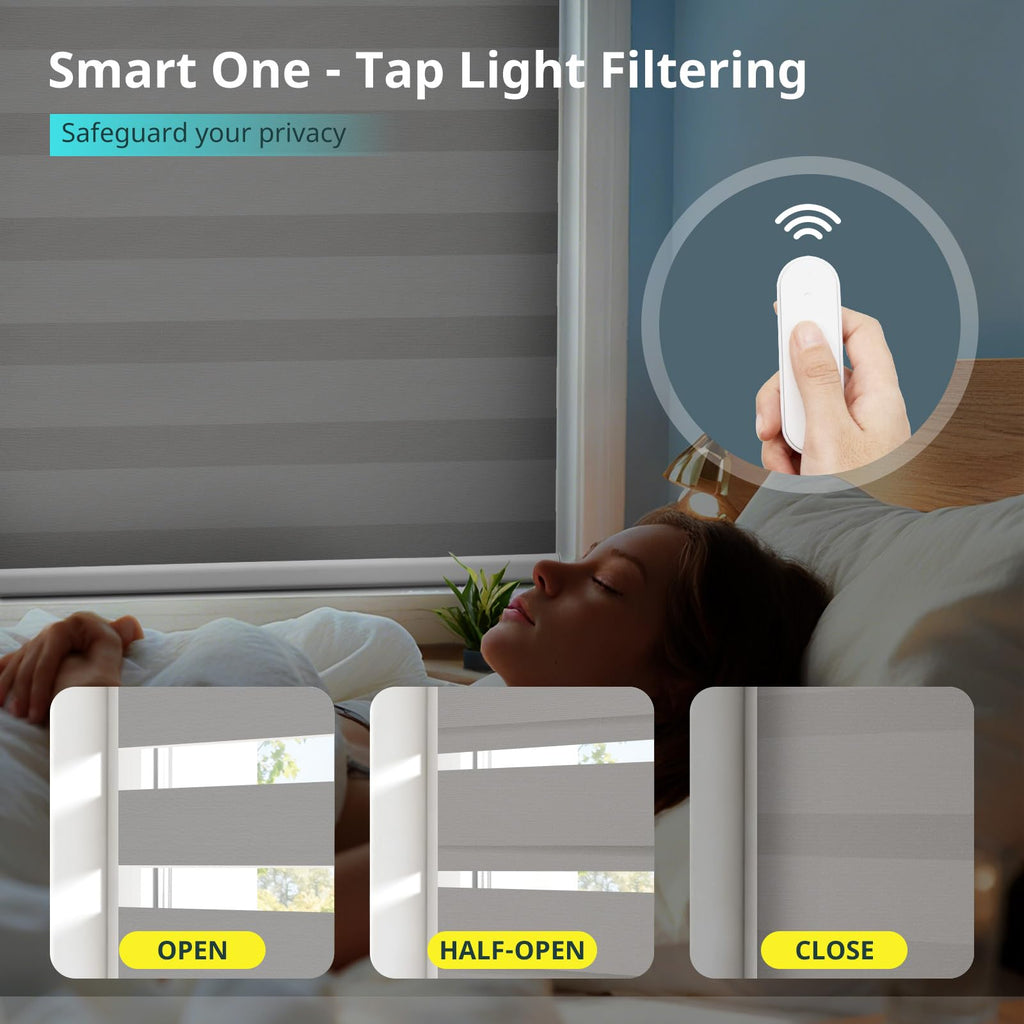 Window Shade, Motorized Zebra Blind, Blackout, Gray, Battery Powered, Cordless, Remote Control