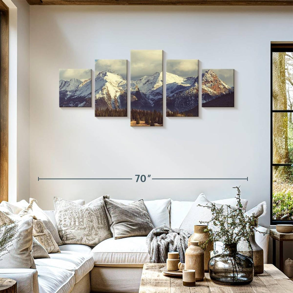 Rocky Mountains Wall Art Multi Piece Canvas - 5 Panel Nature Wall Decor - Snowy Scenery of the Pine Forest and