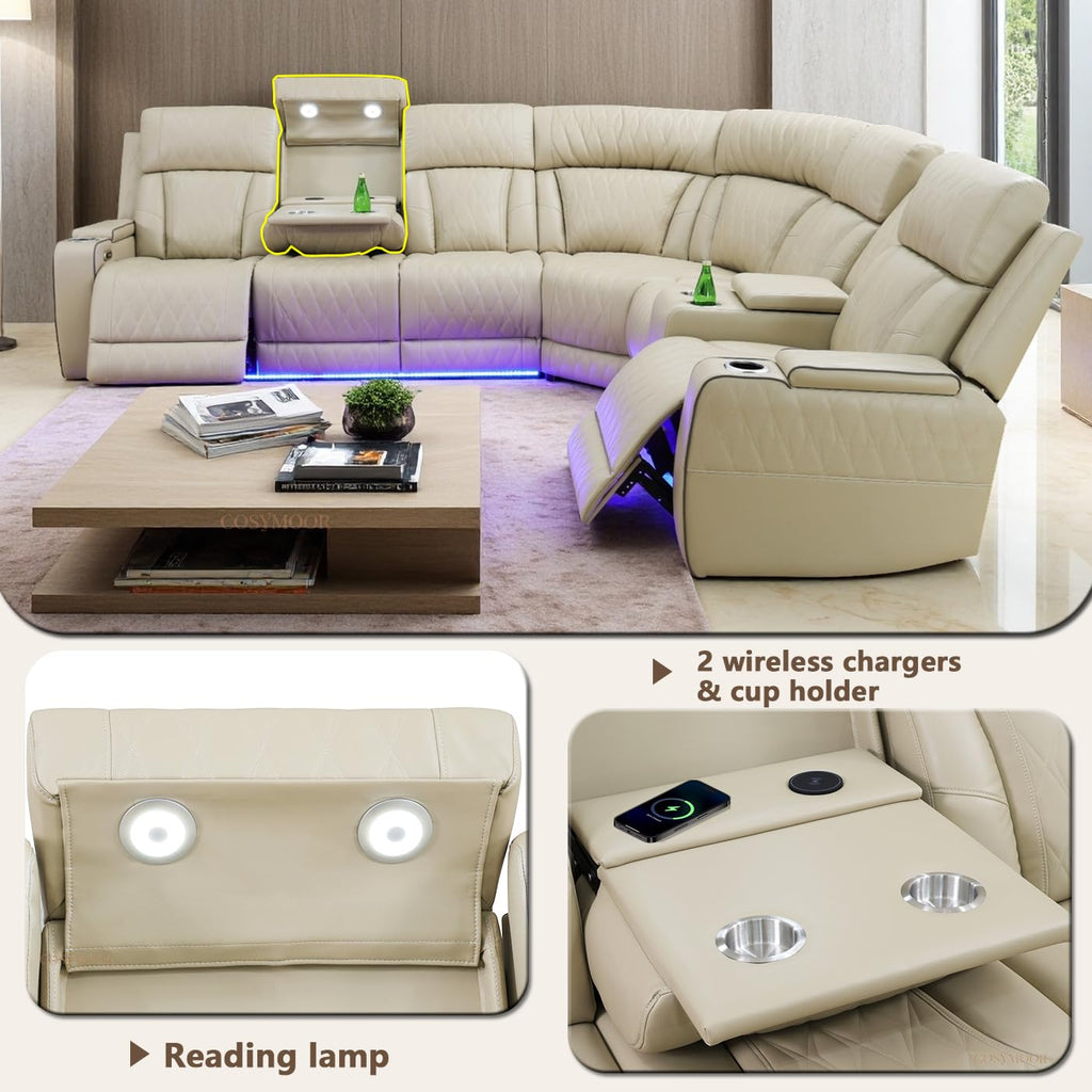 Living Room Furniture Sets, Power Recliner Sectional Sofa with LED Light, Leather Reclining Sectional Couches Set