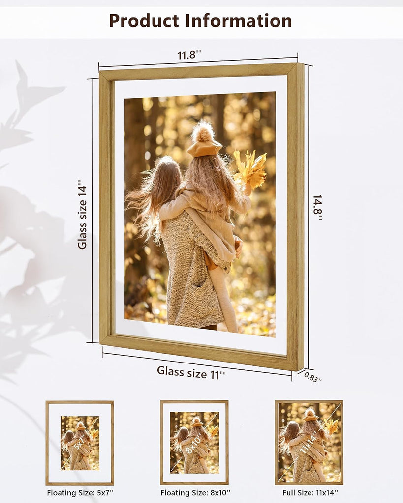 11x14 Floating Photo Picture Frame, Floating Display for Photos 8x10, 7x9, 5x7, 8.5x11 Certificate, or Full Display