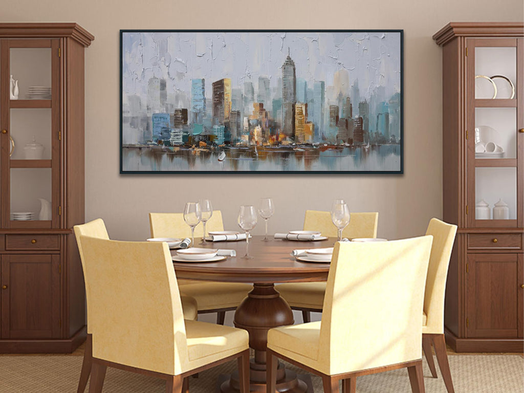 NYC City Canvas Wall, New York City Painting Abstract Modern Skyline Grey Picture Large Size Artwork Hallway Home