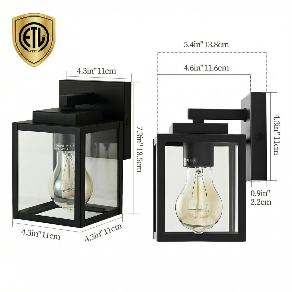 7" Classic Outdoor Wall Sconce 1 Light in Matte Black Rectangular Metal Frame and Clear Glass Shade Waterproof Porch
