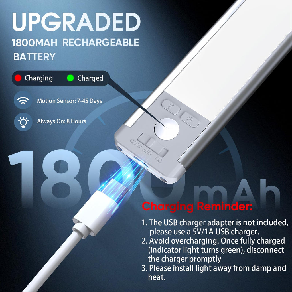10inch Under Cabinet Lighting with 3 Color Temps, 2 Pack Rechargeable Motion Sensor Light Indoor, 5 Levels Dimmable