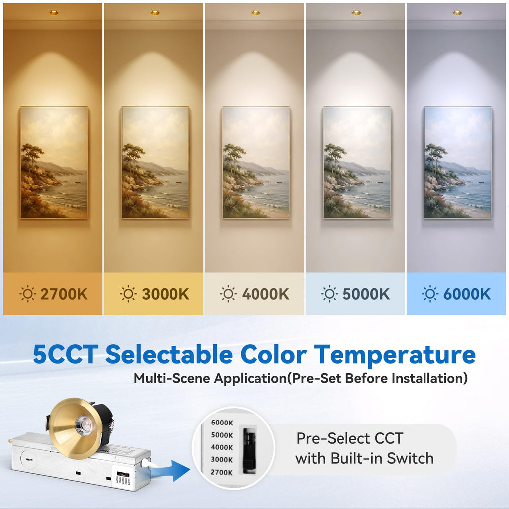 Gold 2 Inch LED Recessed Light Anti Glare COB Spotlight, 6-Pack
