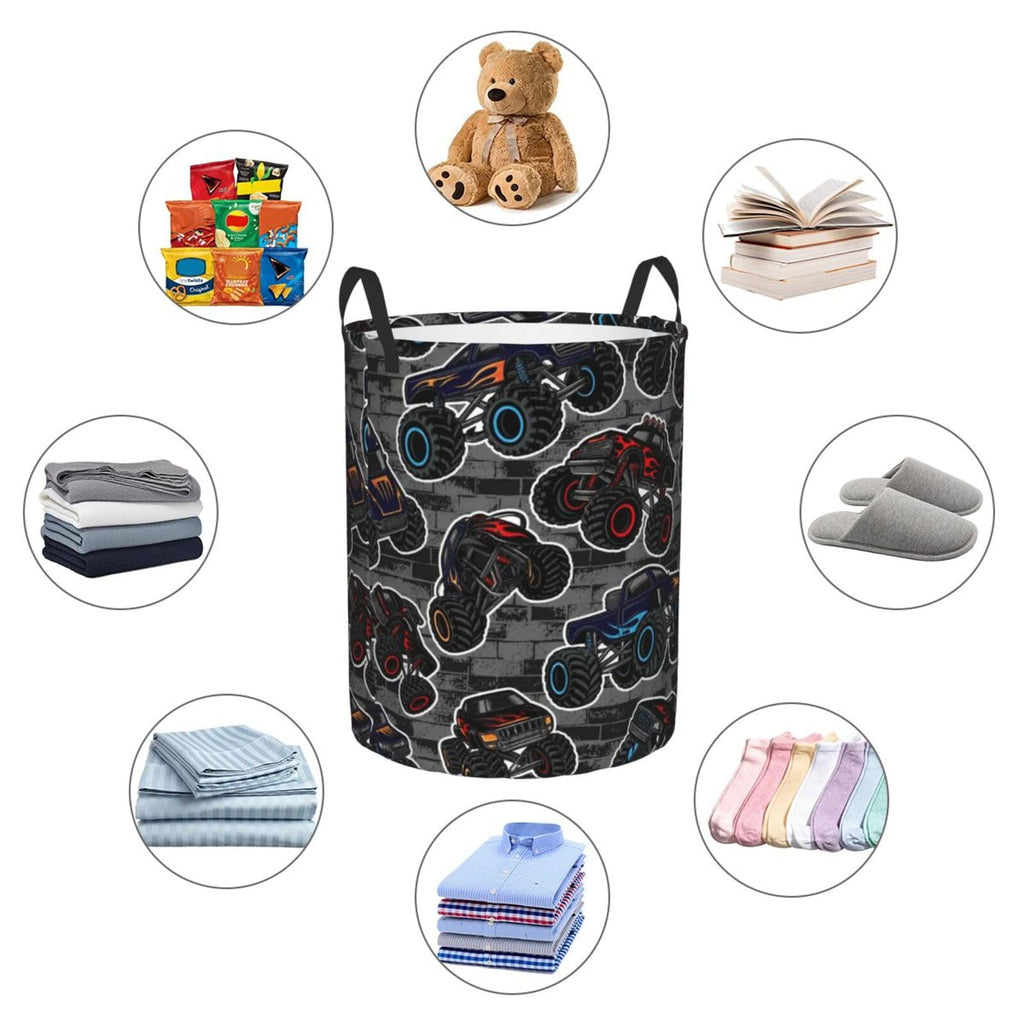 Monster Truck Boys Style Round Laundry Hamper Storage Basket Toys Clothes Organizer Bin Bathroom Bedroom Dorm