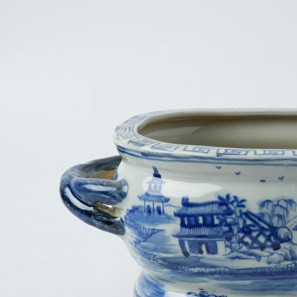 Vintage Blue and White Flower & Birds Porcelain Footbath Planter Chinoiserie Scenery Motif Ceramic Flower Pot (Blue2)