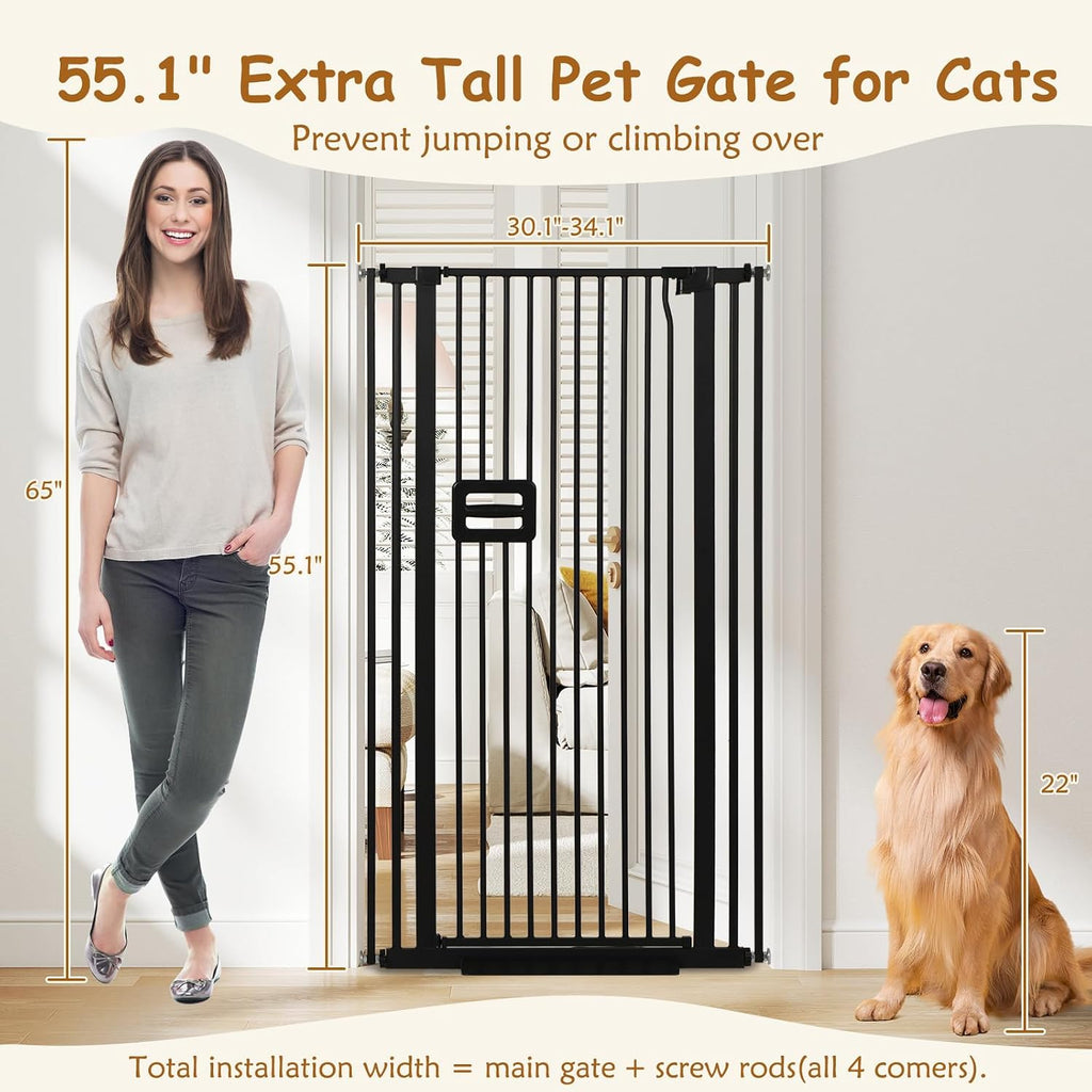 55'' Extra Tall Cat Gate, 30.1"-34.1" Wide Auto Close Tall Pet Gate for Doorways, Pressure Mounted High Dog Door Gate
