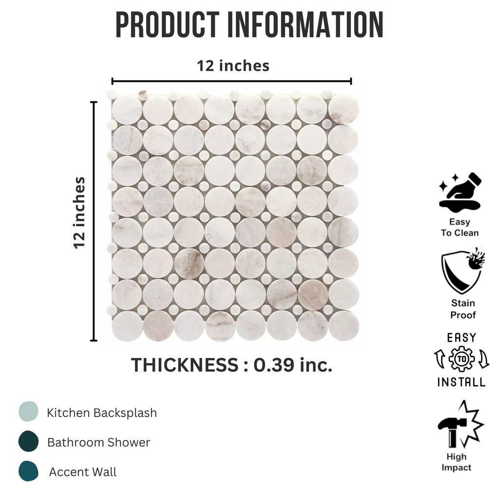 Bianco Orion White Polished Marble Mosaic Tile, Circle Penny Round Pattern, Natural Stone Floor & Wall Tile, Shower