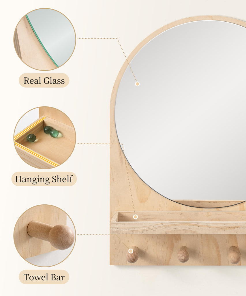 Nursery Wall Shelf with Mirror, Natural Wood Boho Arch Design