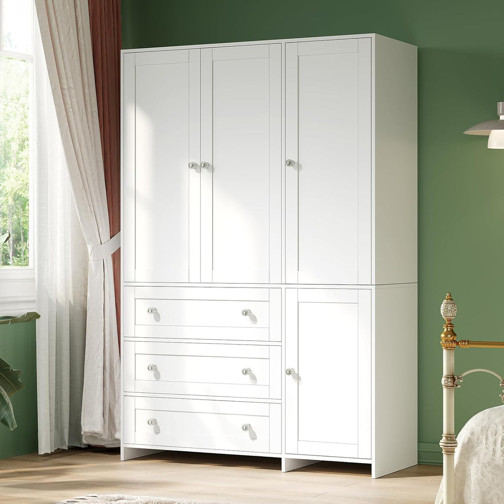71" Armoire Wardrobe Closet with 3 Drawers and Mirror | Clothing Storage Cabinet with Hanging Rod, 4 Doors Wooden