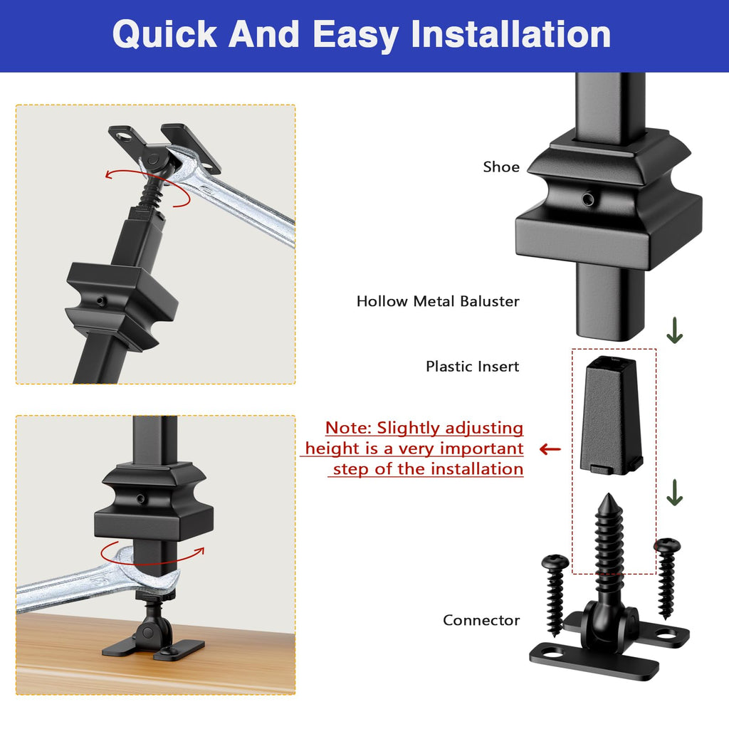 30-Pack Baluster Connectors with Flat Shoes Adjustable Height and Flat Connectors for 1/2'' Square Balusters for