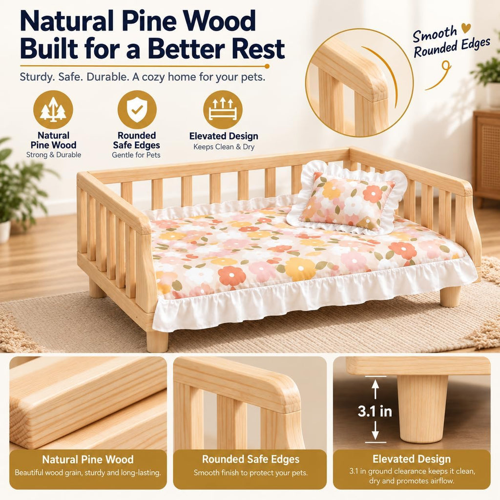 Elevated Wooden Bed for Small Dogs & Cats, 2 Mattress Covers, 30x20 inch