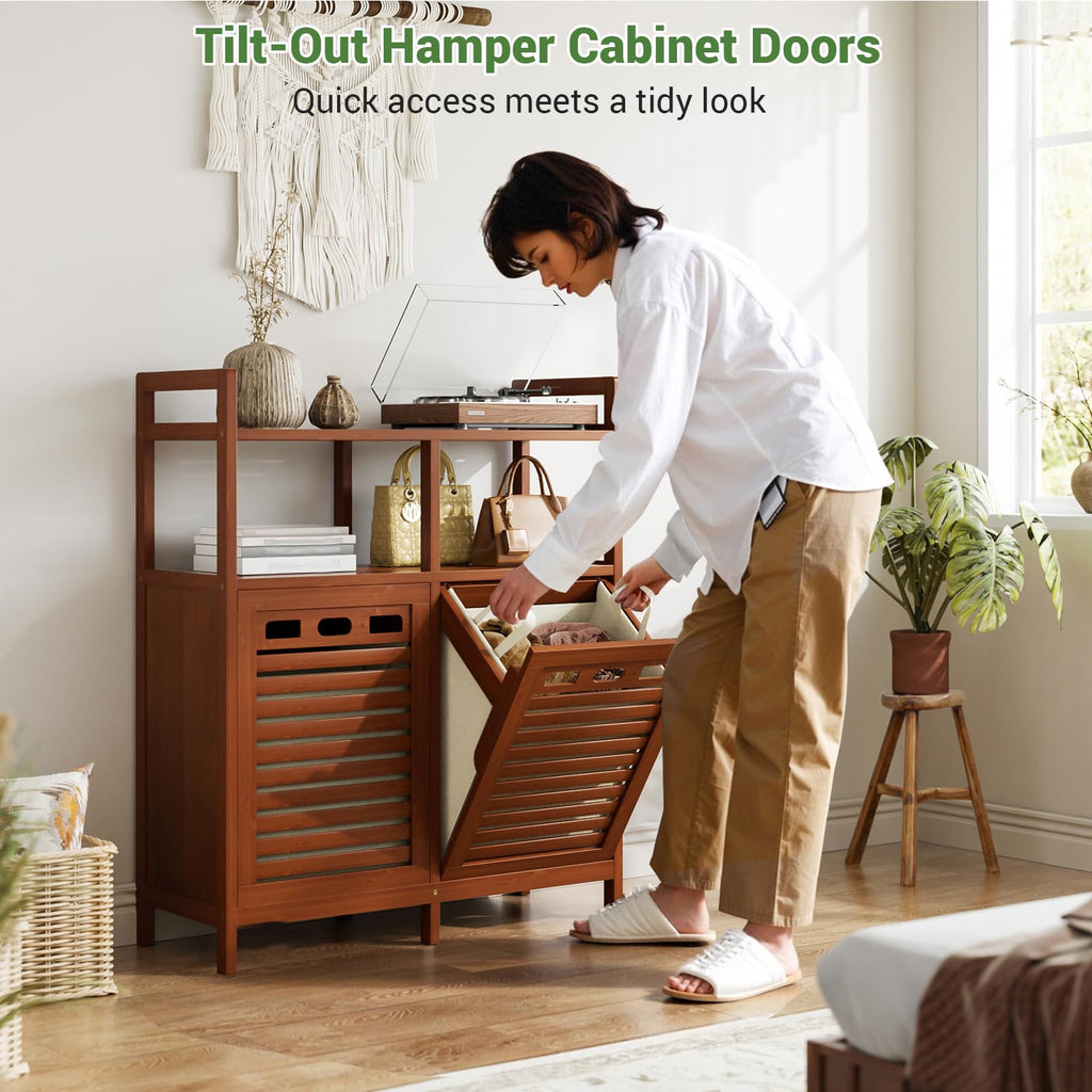 Bamboo Double Tilt Out Laundry Hamper Cabinet with 2 Bags, Walnut