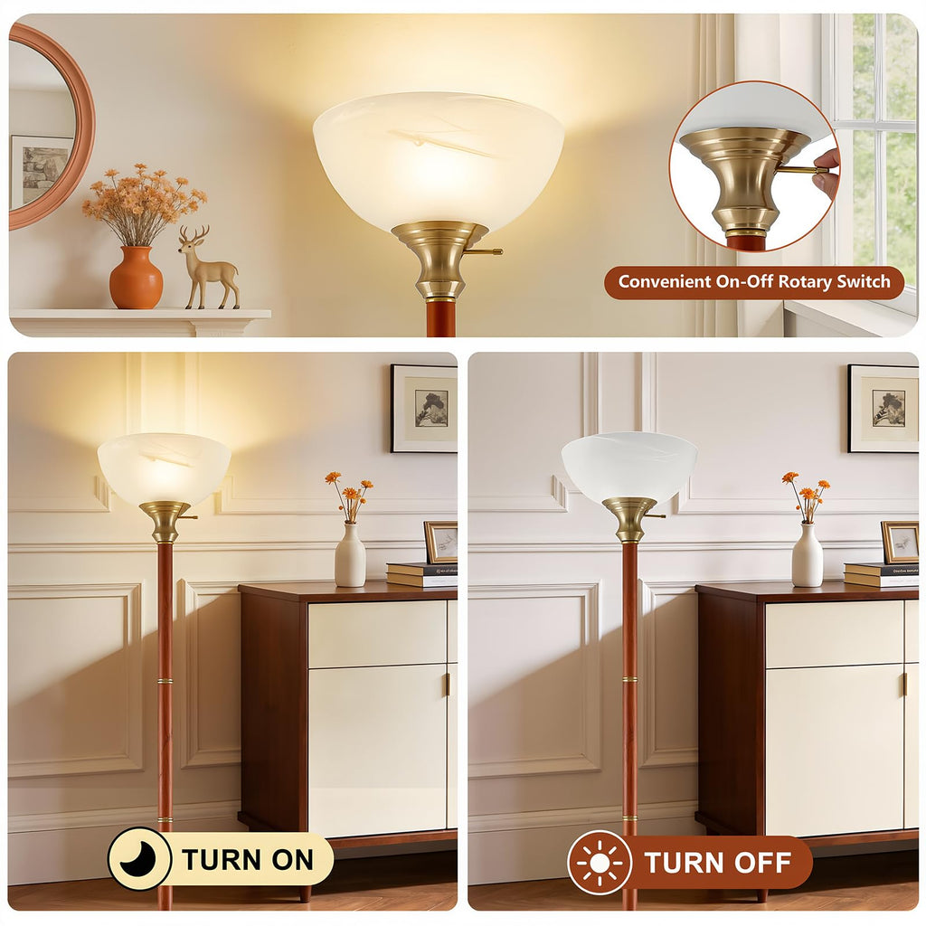 72" Wood Torchiere Floor Lamp with Glass Shade Gold Standing Lamp