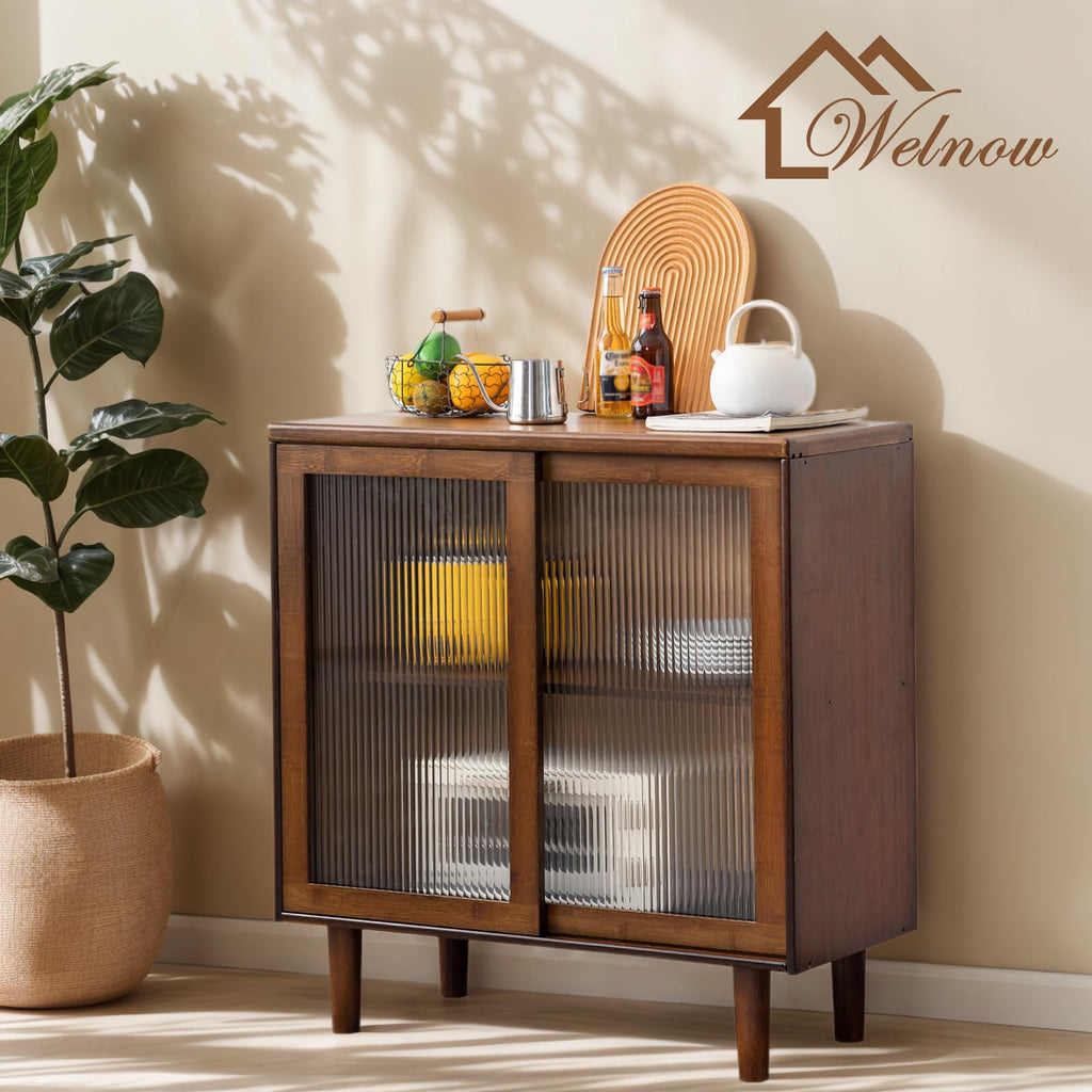 Buffet Cabinet, Bamboo Sideboard with Storage Kitchen Display Cabinet with 2-Tier Shelves Boho Coffee Bar Tables