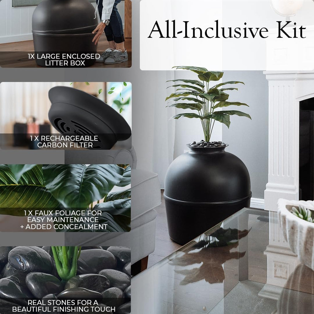 Secret Litter Box by - Hidden Litter Box Enclosure, Patented Design with Odor Control, Includes Faux Plant, Carbon