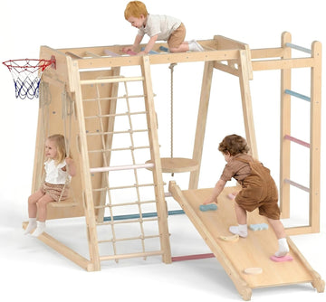 Indoor Jungle Gym, 9 in 1 Wooden Montessori Baby Climbing Toys with Adjustable 2 Swings Ramp, Monkey Bar Basketball