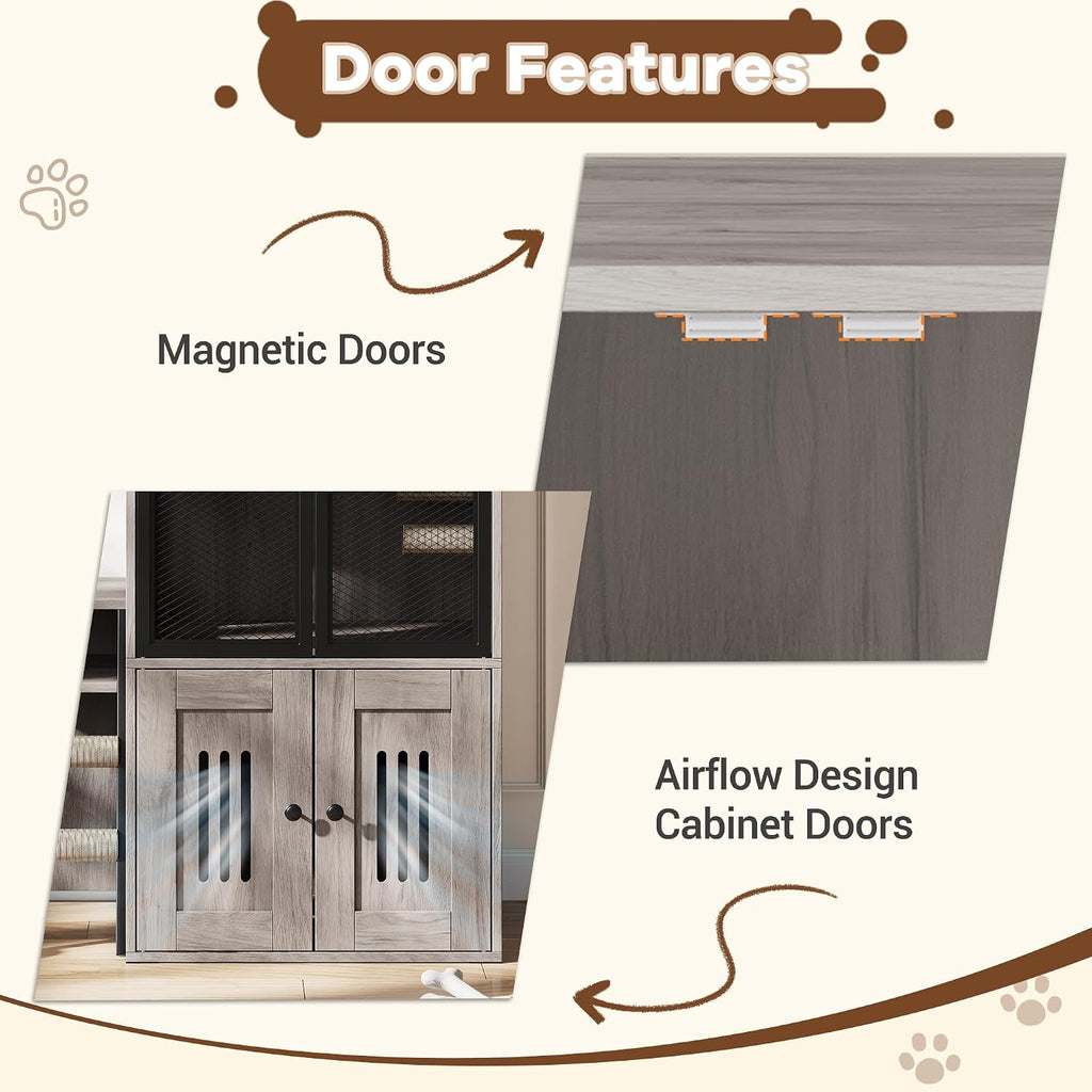 Cat Litter Box Furniture, 2 Tier Enclosed Litter Box Furniture with Doors, Hidden Storage and Ladder, Grey