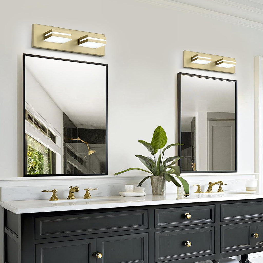2 Light Bathroom Vanity Light Gold Modern 16W LED Dimmable Vanity Light Over Mirror 350° Adjustable Lamp Head Cold