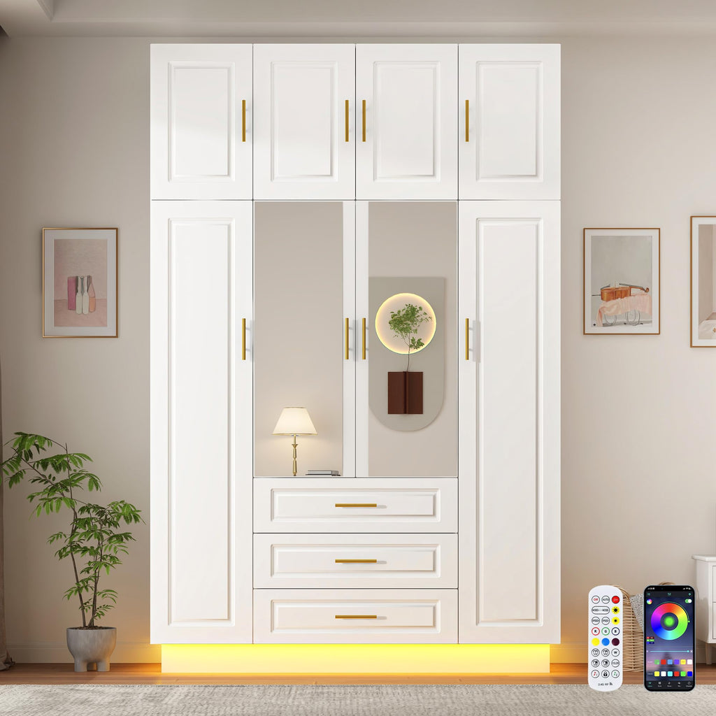 Large Armoire Wardrobe Closet Cabinet with Drawers and LED Lights, Multi-Tier Shelves, Hanging Rod, Large Capacity