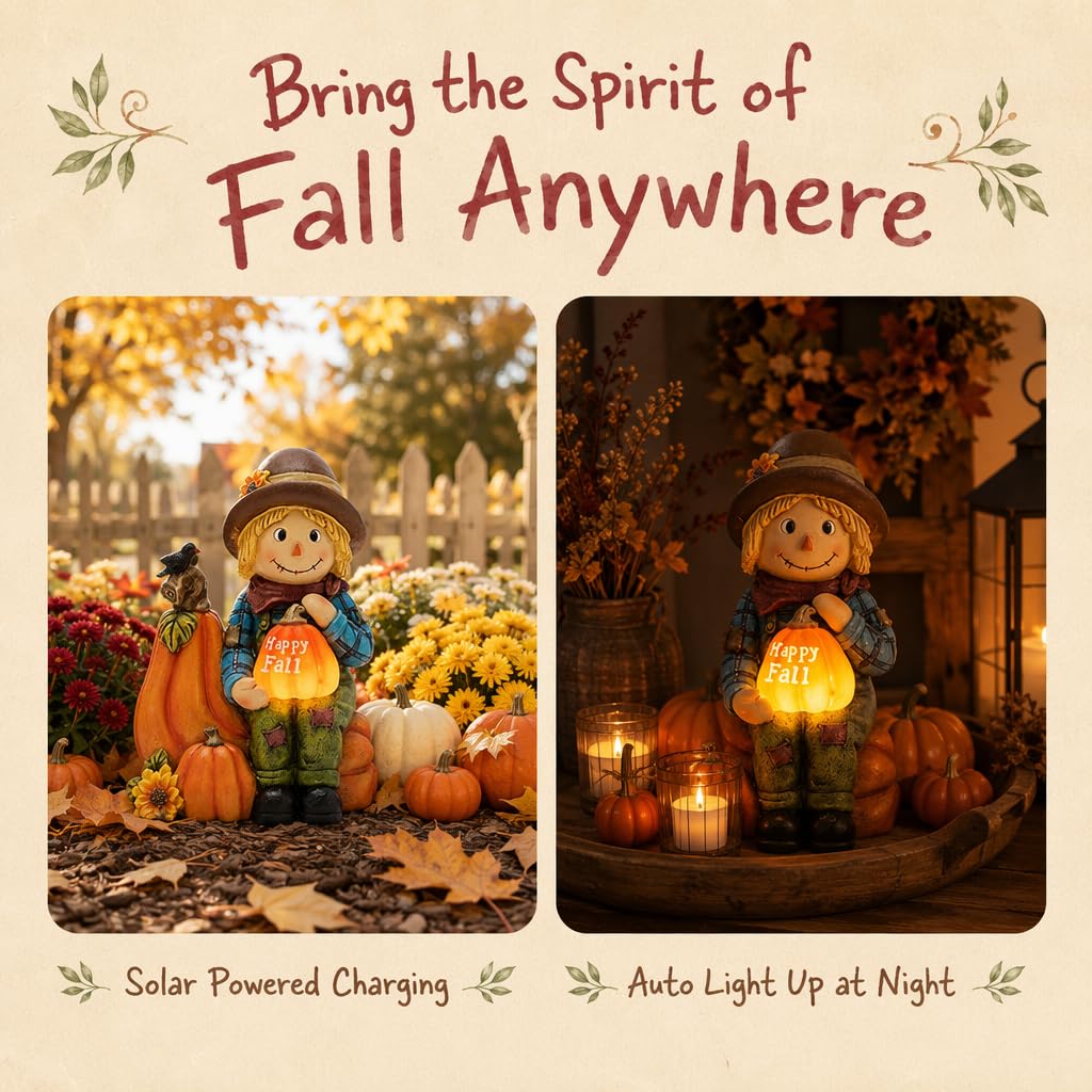 Fall Outdoor Decor Scarecrow Pumpkin Solar Statue 6.3"