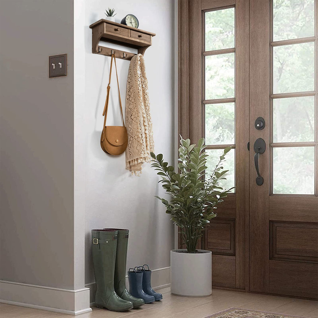 Coat Hooks Mounted, Rustic Wood Coat Rack Mount Shelf with Hooks, Farmhouse Coat Rack with Shelf & Coat Hook