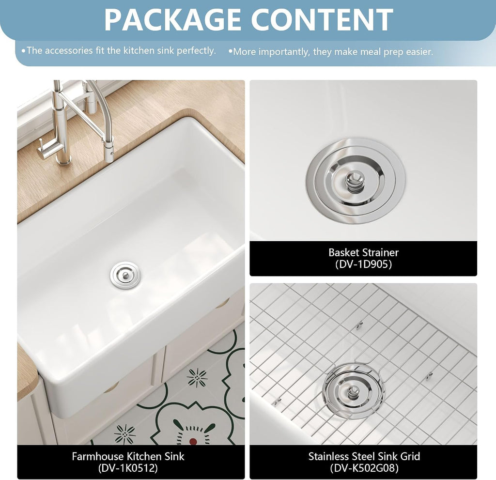 Farmhouse Kitchen Sink 33 Inch White Undermount Kitchen Sink | Apron-Front Large Deep Single Bowl with Bottom Grid &