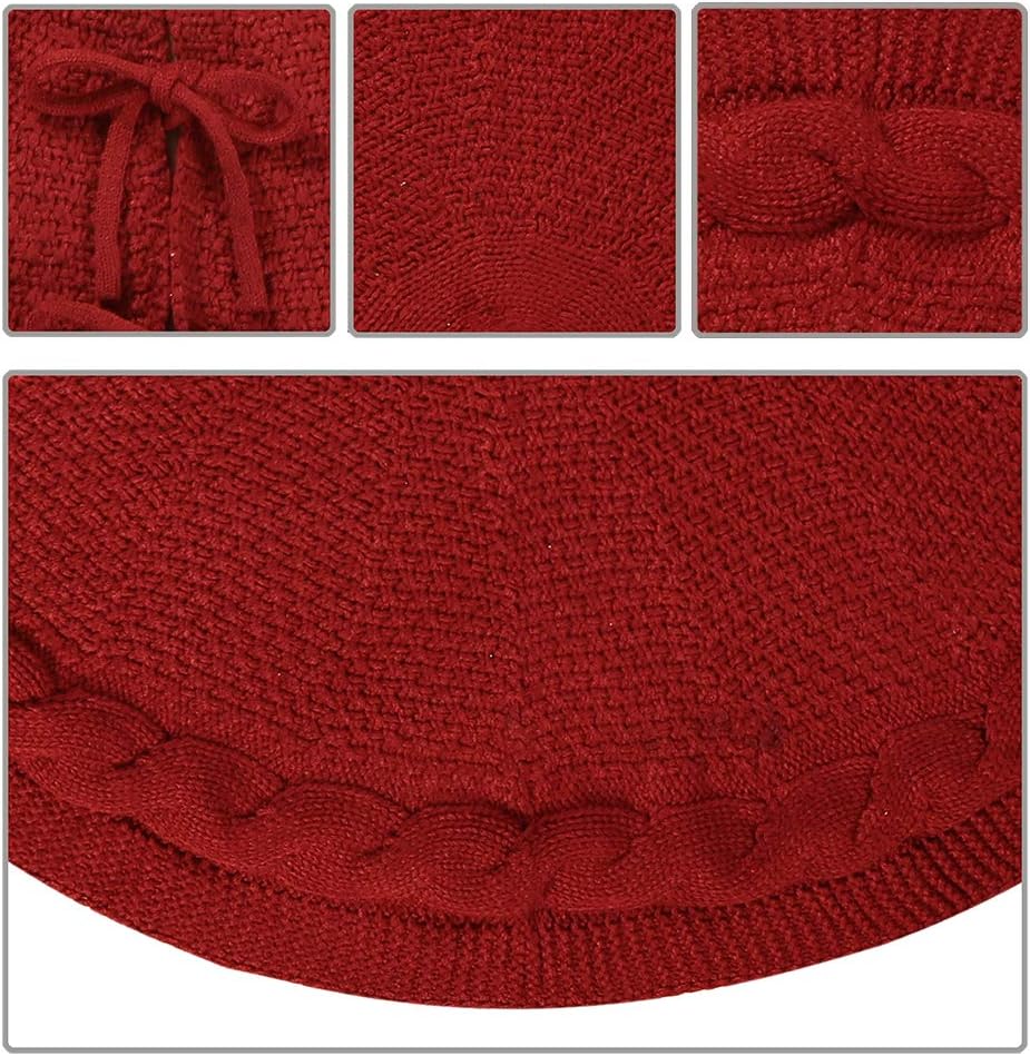 Christmas Tree Skirt, 48 inches Luxury Cable Knit Knitted Thick Rustic Xmas Holiday Decoration, Burgundy
